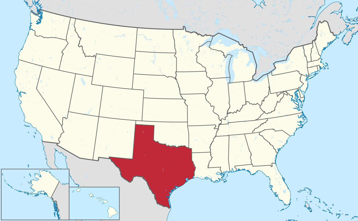 Vị trí của bang Texas trên bảng đồ nước Mỹ